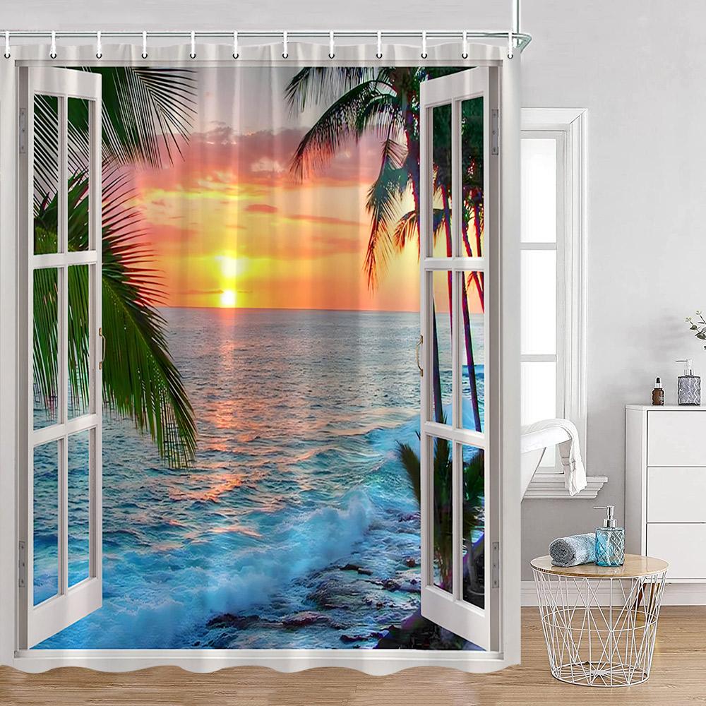 Coastal Shower Curtain Open Window View Of The Sky Clouds Rising Sun Seascape Grass Morning Scenery Bathroom Decor Set With Hook