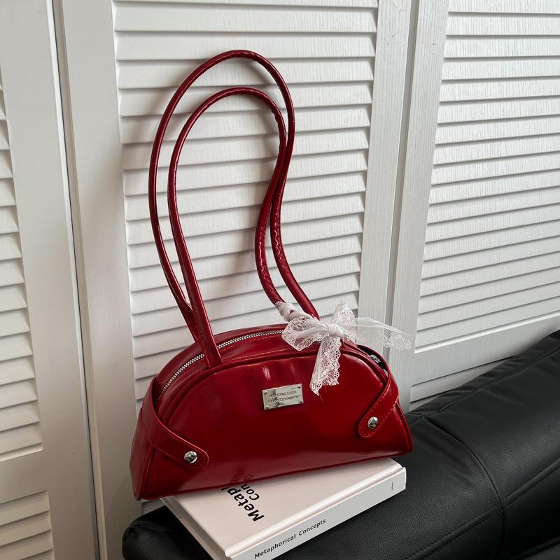 Korean  Shoulder Bag Sweet Lace Bow Underarm Bag Ladies Simple Solid Color Pu Leather Handbag For Women Gifts красный