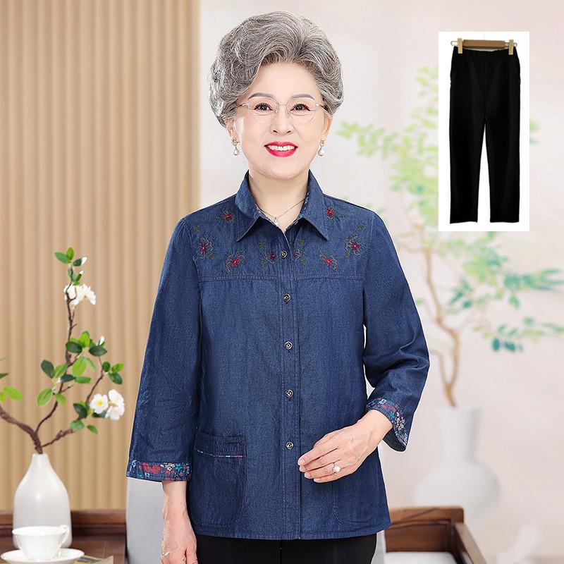 New Summer Eight-Sleeve Pure Cotton Shirt for Elderly Women - 60s/70s Style Grandma Top