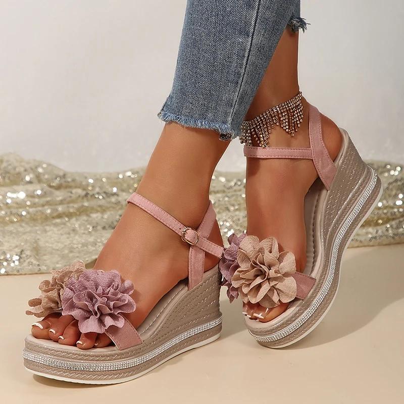 Fashion Vintage Flowers Wedge Heel Sandals Women Summer Beach Non Slip Platform Sandals Woman Ankle Srtrap Thick Bottom Sandalias Mujer