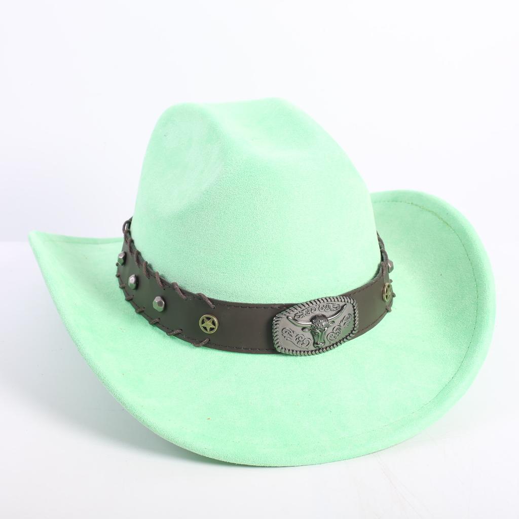 New western cowboy hat men's and women's wide-brimmed top hat bull head rivet belt buckle sun hat