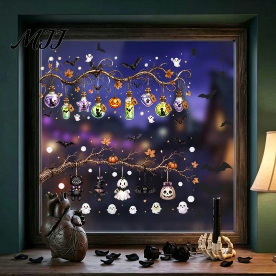 Horror Themed Window Accents 2 Sheets Halloween Stickers, Bat Spider Web Static Cling Decals, Indoor Outdoor Holiday Supplies Ghost Pumpkin Waterproof