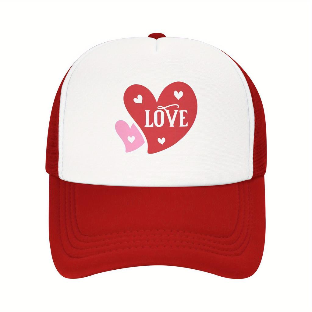 Love Heart Graphic Mesh Trucker Hat Polyester Casual Adjustable Snapback Baseball Cap for Men Women