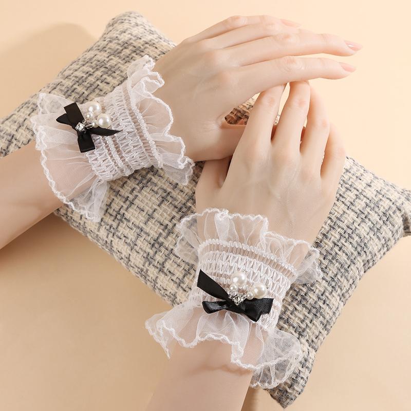 

Lolita Lace Bow Floral Ruffle Hand Sleeves Sweet Girl Elastic Wristband Cosplay Cuff Short Bridal Wedding Wrist Ornament