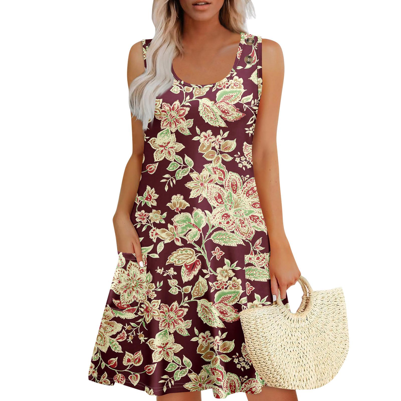 

Летние платья для женщин Пляжный Бохо Без рукавов Принт Струящиеся Карманы Футболки Сарафаны XL винный