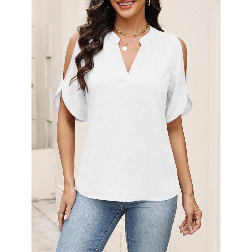 Womens Cold Shoulder V Neck T Shirt Short Sleeve Casual Loose Fit Top Summer Lightweight Blouse