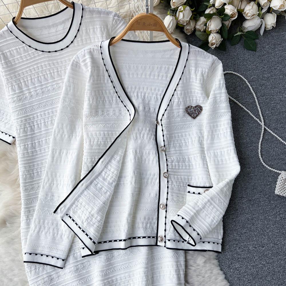 Autumn And Winter Small Fragrant Wind Knitted Dress Weight Work Beaded Single-Breasted Shawl Jacket Two-Piece Set