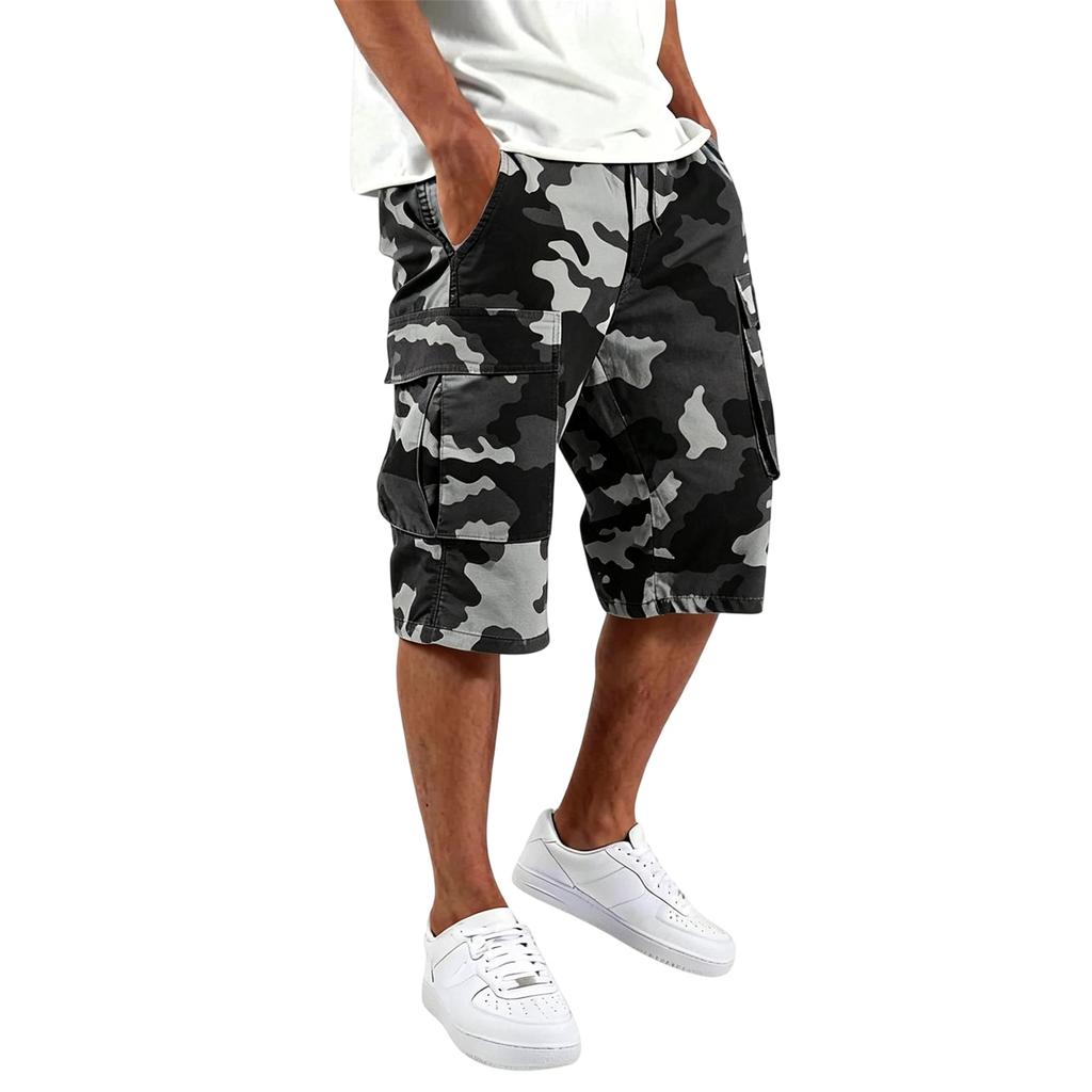 Herren Cargo-Shorts Mehrere Taschen Kordelzug Taille Lockerer Schnitt Knielang Camouflage-Muster Lässige Hose