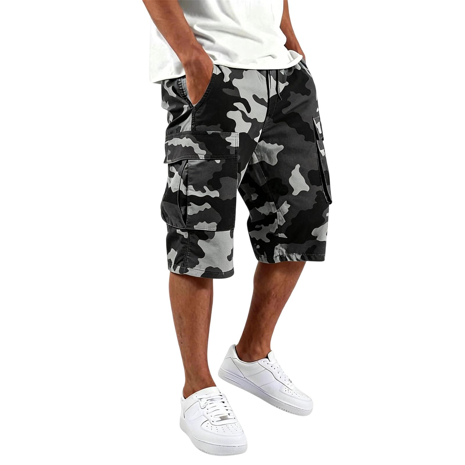 Miss Beauty26 Heren Cargo Shorts Meerdere Zakken Taille met Trekkoord Relaxte Pasvorm Knie Lengte Camouflage Print Casual Broek L zwart