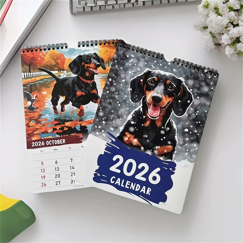 Daily Weekly Monthly Planner 2026 Calendar Dachshund Pattern Paper Desktop Calendar Home Ornaments Hangable Wall Calendar
