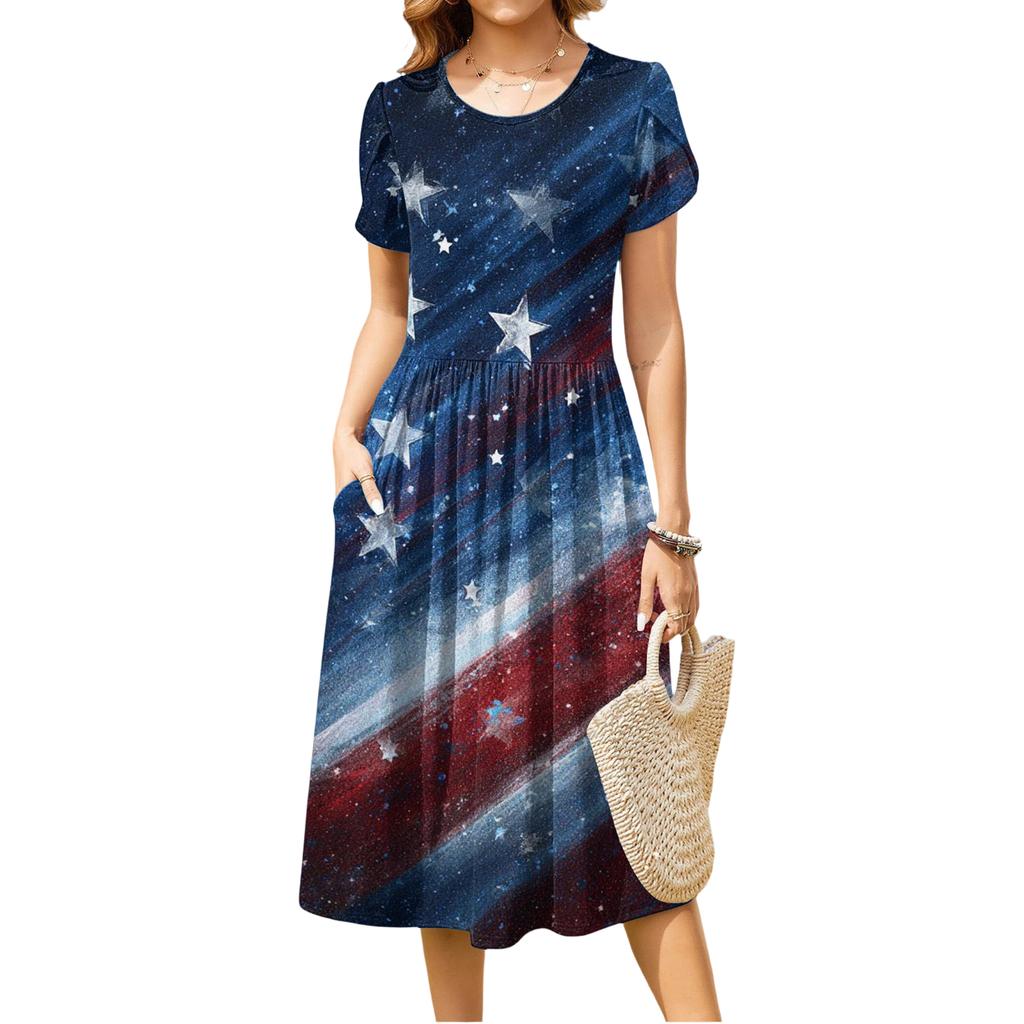 Women's Fashion Casual Loose Independence Day Printed Round Neck Pocket Short Sleeve Dress