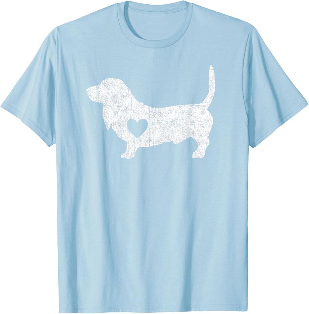 Basset Hound Heart Silhouette Distressed Graphic Tee Cotton Casual Short Sleeve T-Shirt for Men Women