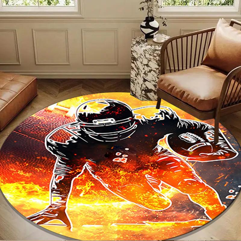 Football Player In Flames Round Rug for Livingroom,Bedroom, Palyroom, Chair Rug, Area rug, Circle Carpet, Large Size Fan Christmas gift