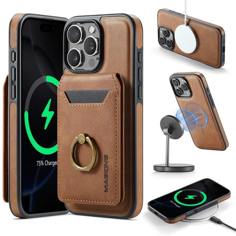 Magnetic Wireless Charging Flip Leather Phone Case For iPhone 17 Pro Max 16E 16 Plus 15 14 13 12 MagSafe Wallet Card Cover Coque