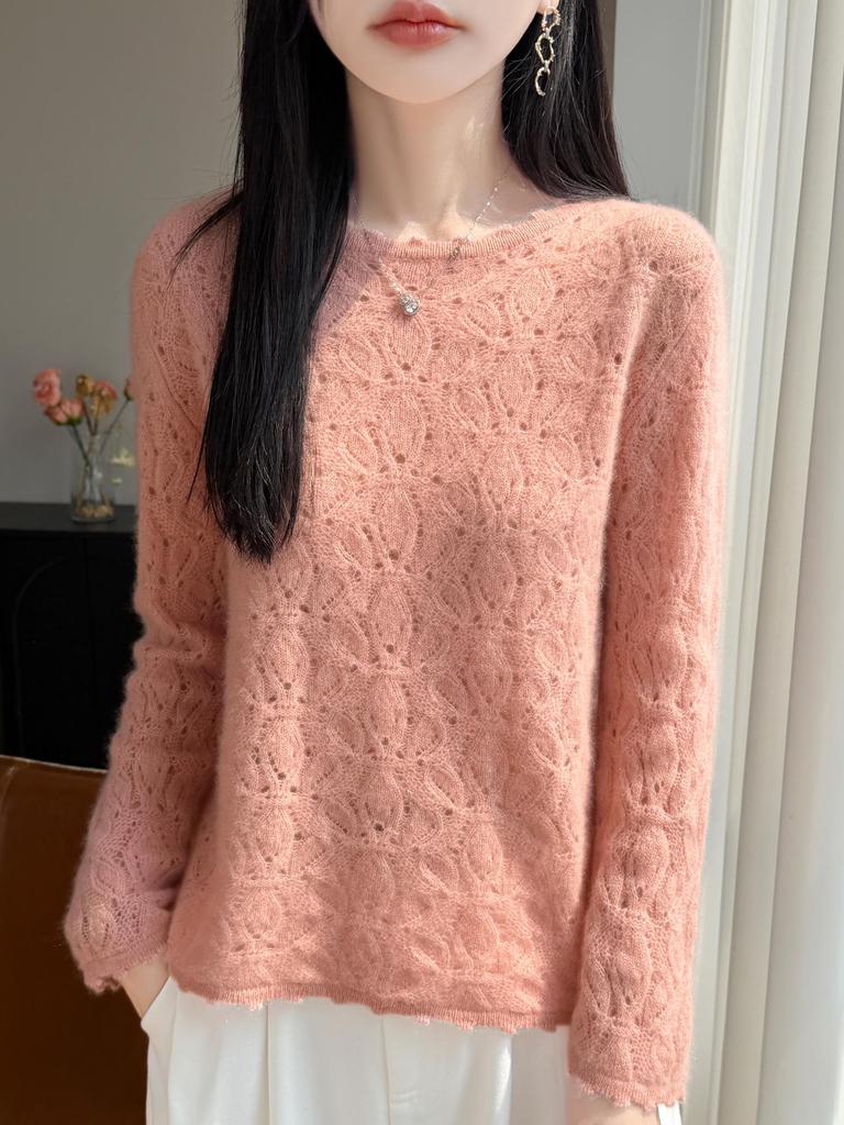 ER26 Spring Hollow Flower Knit Top - Sweet Crochet Texture Pullover for Women
