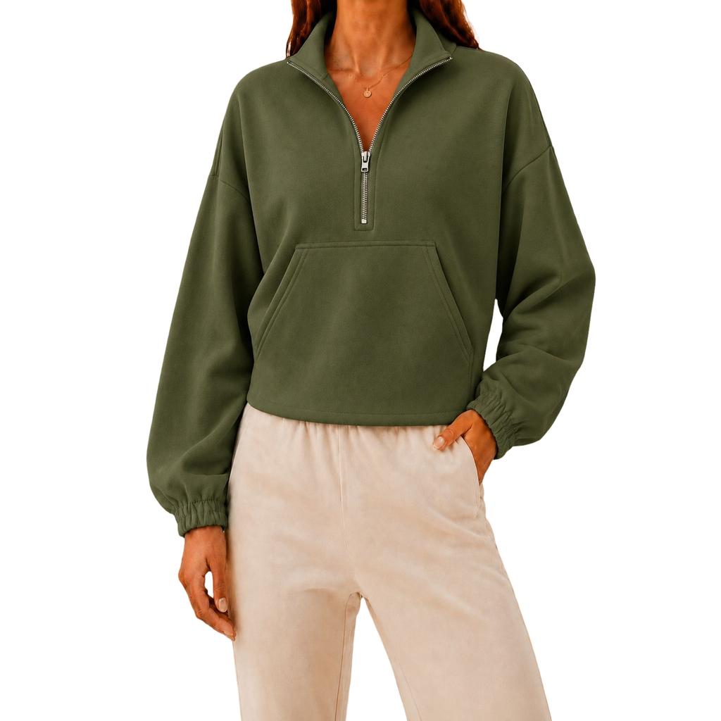 Damen Halbreißverschluss Cropped Langarm Sweatshirt mit Umlegekragen
