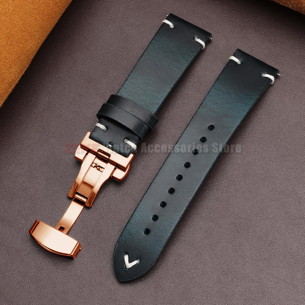 Vintage Oil Wax Leather Watch Band 18mm20mm 22mm Bracelet for Seiko Butterfly Buckle Stitching Cowhide Strap for Omega Watchband