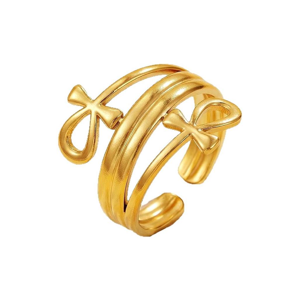 Stainless Steel Retro Elegant Cross Line Open Ring - Vacuum Plated Gold Jewelry