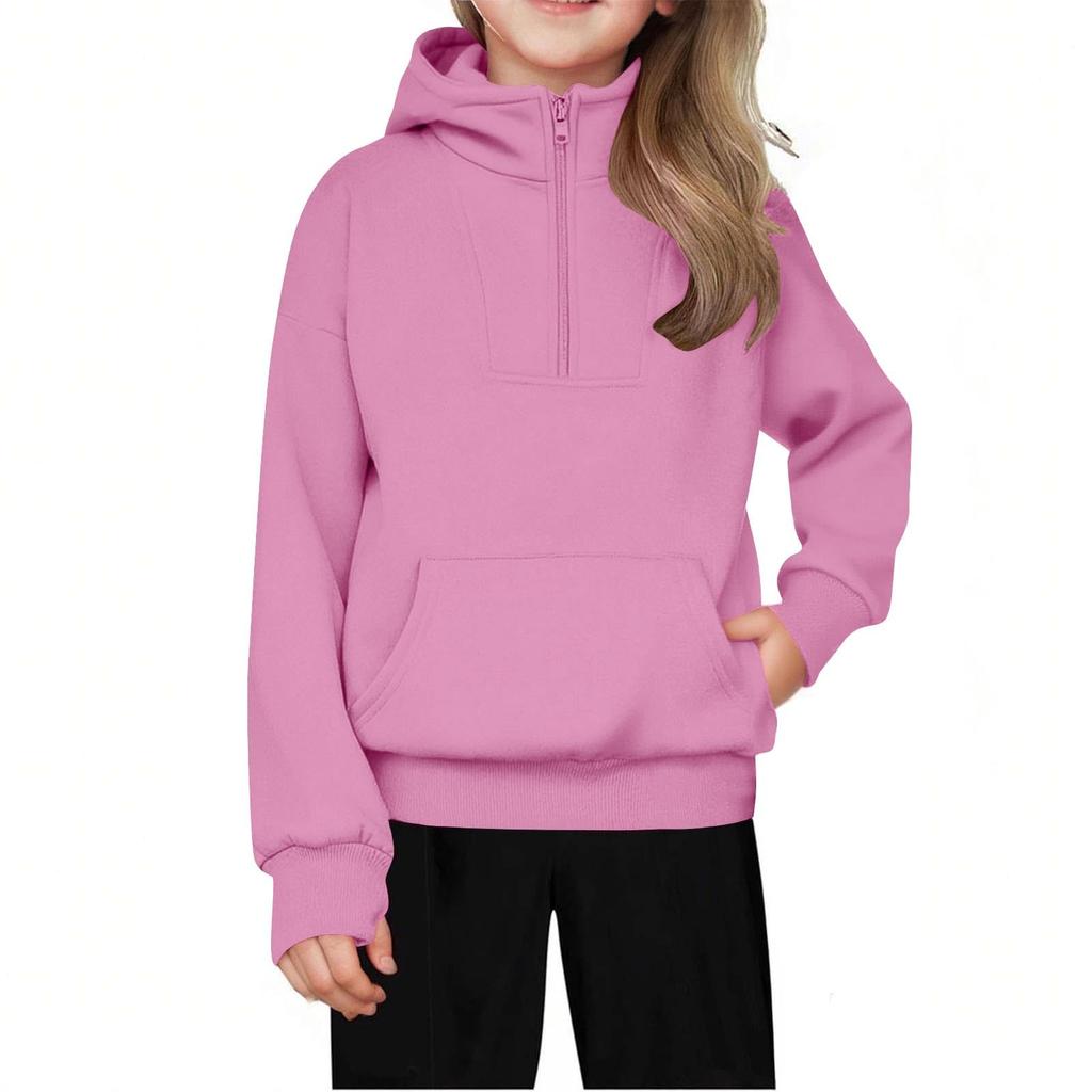 Children's Relaxed Fit Half-Zip Sweatshirt Fleece-Lined Girls' Solid Color Hooded Sweatshirt