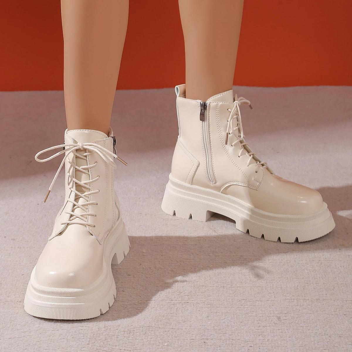 2024 бежево-черные новые женские ботильоны осень-зима на платформе со шнуровкой женские — фото 4