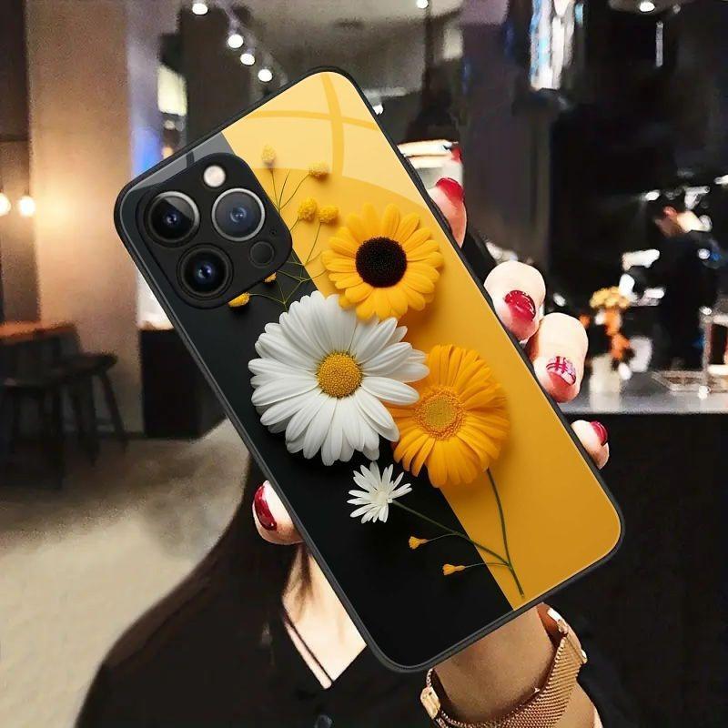Cute Sunflower Pattern Tempered Glass Phone Case For iPhone 17 16 15 14 13 12 11 Pro Max 17Air 16E 7 8 Plus XR XS X Cover