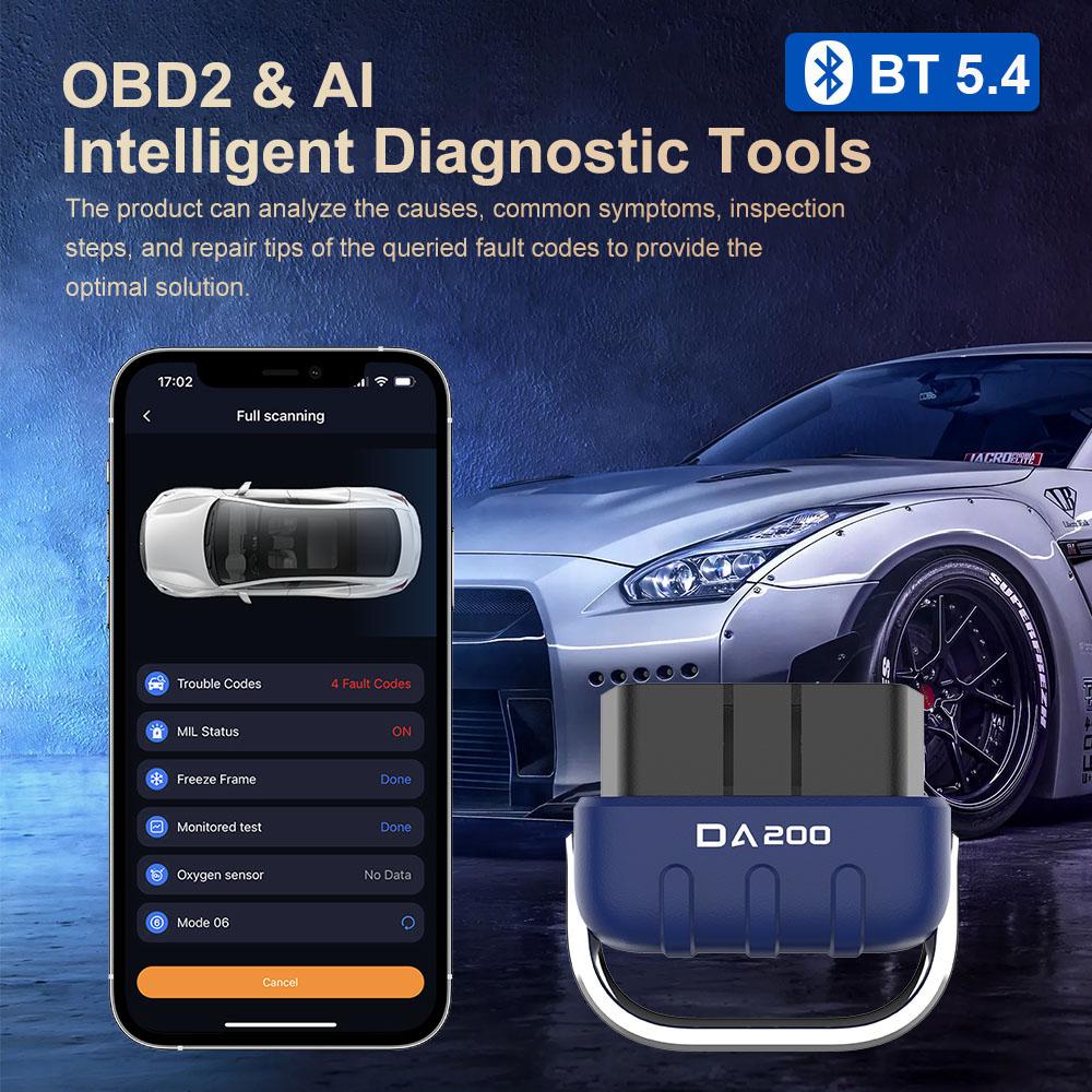 Car Diagnostic Tool Fault Code Clearing DA200 Bluetooth Compatible Car Battery Oxygen Sensor Detector Code Reader AI OBD 2 Scanner