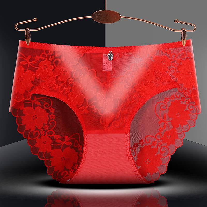 Women s Plus Size Mid-Waist French Lace Rhinestone Thong with Antibacterial Cotton Crotch L красный