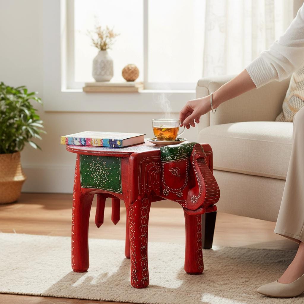 Wooden Painnted Elephant Coffee Table-Side Central Table,Wooden Elephant Stool-Wooden Nightstand Central Table Home Furniture-Statue Stool