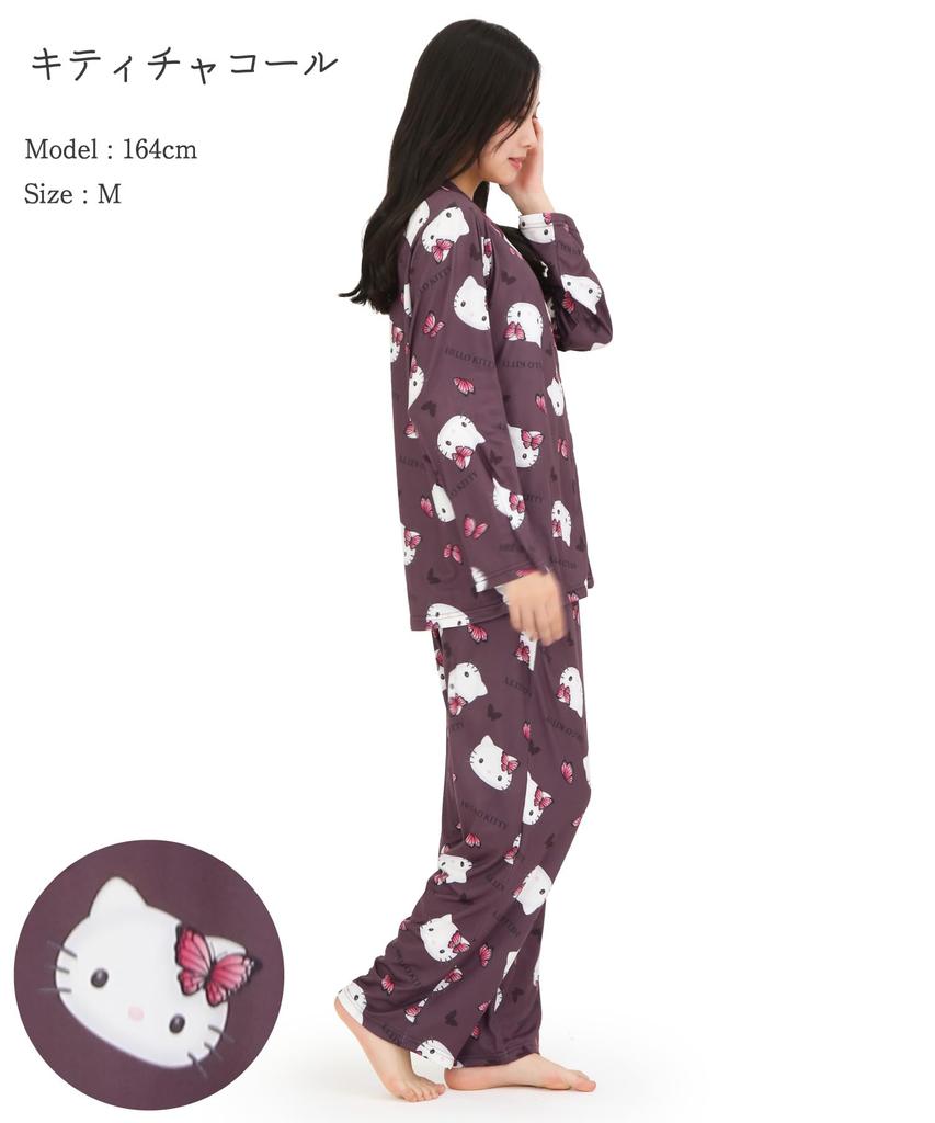 Hello Kitty Shirt Pajamas Powder Stretch Long Sleeve Long Pants Top and Bottom Set Loungewear [SAZAC] Women's (Charcoal Gray/M/SAN1906)