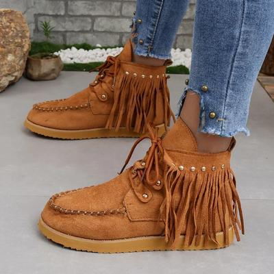 Vintage Quaste Schnürstiefeletten für Damen Herbst Winter Spitzzehen Cowgirlstiefel Frau Wildleder Western Cowboy Chelsea Stiefel
