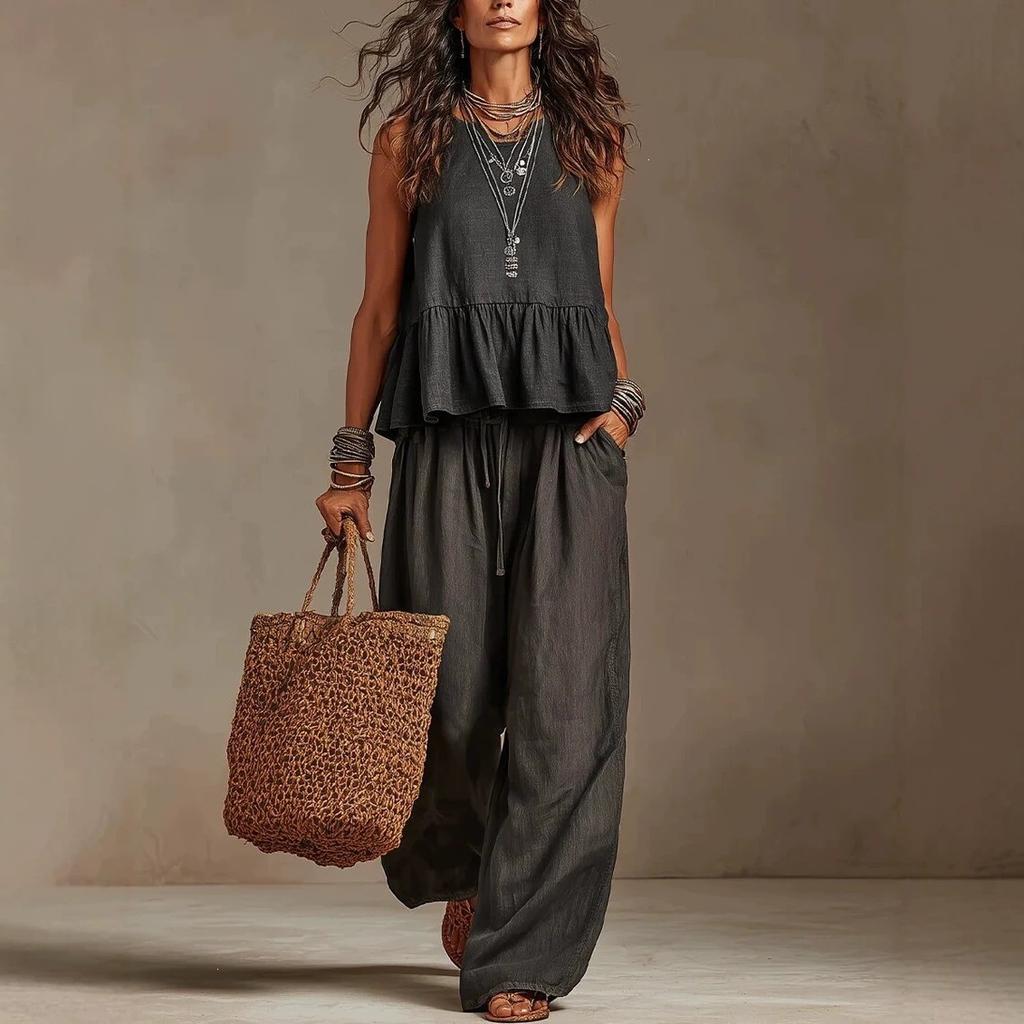 1116 New Summer European and American Women's Clothing Simple Casual Cotton and Linen Lotus Leaf Edge Sleeveless Wide Leg Set