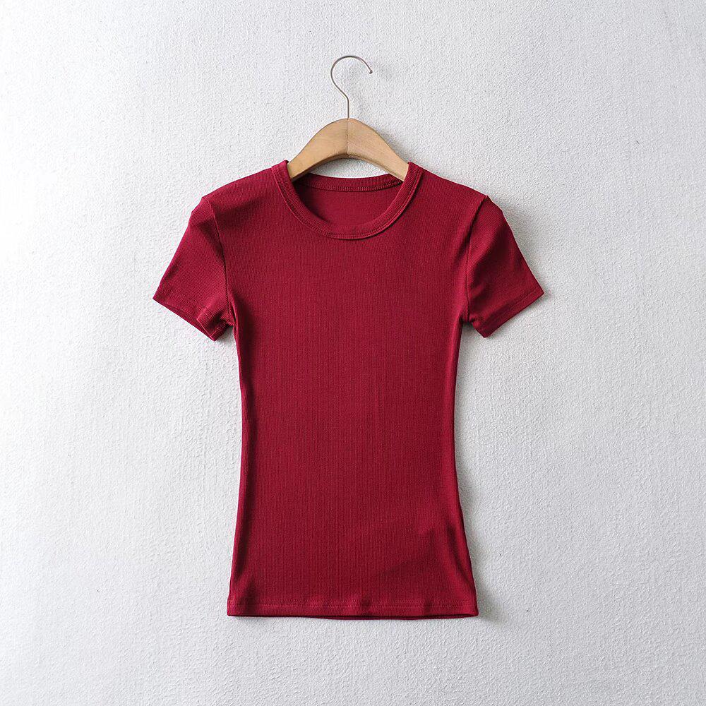 Europäisches und amerikanisches Damen-T-Shirt mit einfarbigem Slim-Fit-Retro-Kurzarm