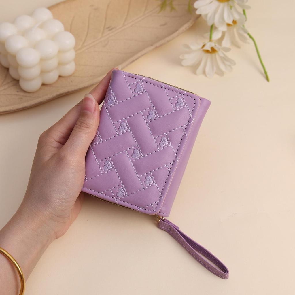 Women's Tri-fold Wallet: Simple Fashion, Embroidered Heart Design, Multi-Card Slots, Money Clip