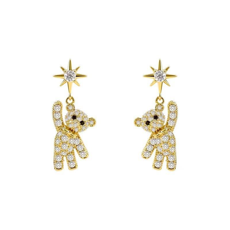 Cubic Zirconia Little Bear & Eight-pointed Star Pattern Stud Earrings for Girls, Cute Decor Birthday Party Anniversary Gift Jewelry