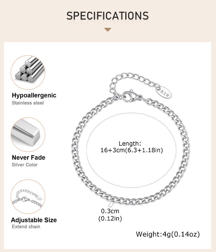 Minimalist Silver Color Link Bracelet for Women Stainless Steel Cuban Chain Bracelet Stackable Wrist Jewelry Waterproof