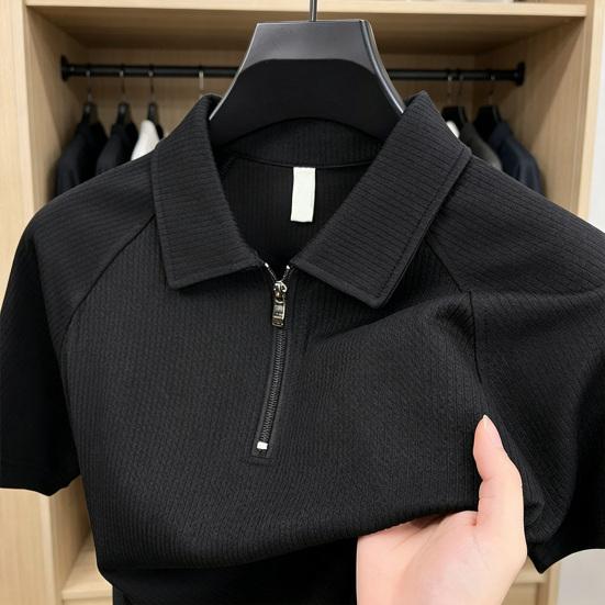 Men Quarter Zip Shirt Loose Fit Turndown Collar Short Sleeve Textured Shirt Casual Solid Color Golf Shirt for Office Daily Life Date