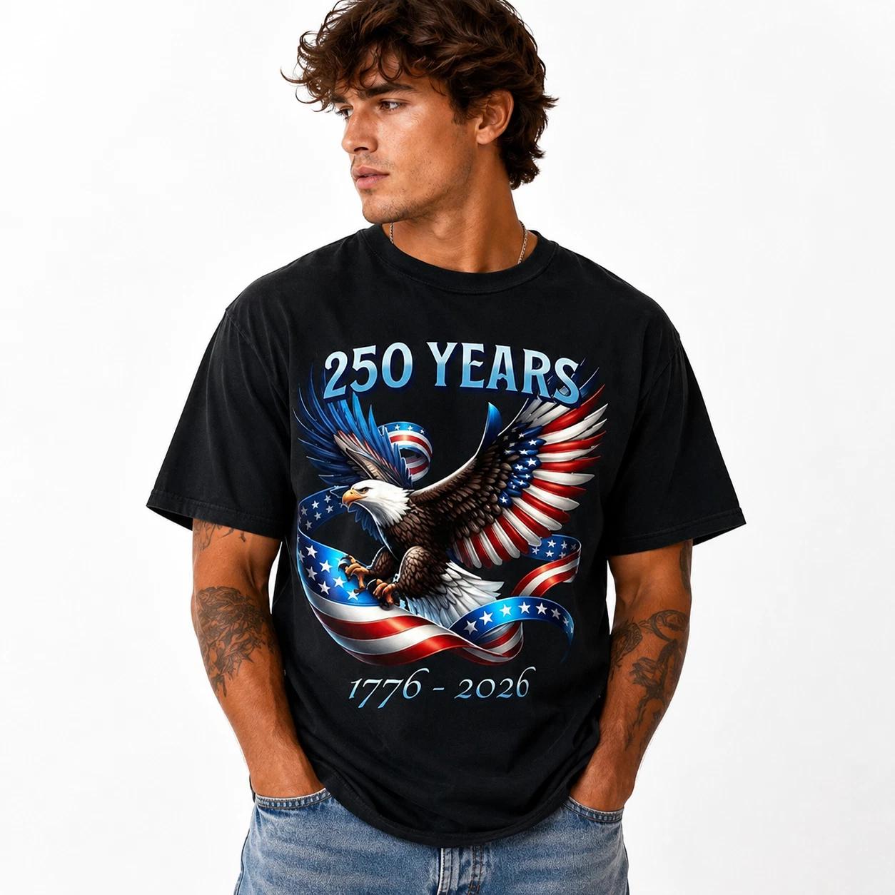 USA 250 Years T Shirt 1776 2026 Eagle Flag Patriotic Graphic Casual Tee XXXL
