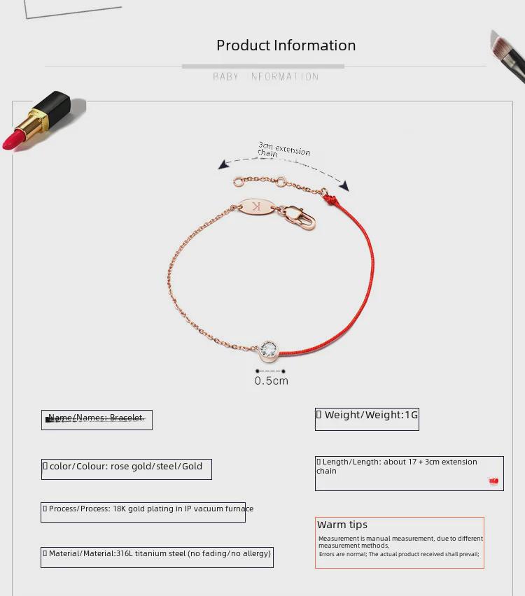 Korean Fashion 18K Rose Gold Zodiac Bracelet with Single Diamond & Red Rope Design for Women