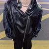 Autumn and winter niche deconstruction zipper hooded PU leather jacket loose scimitar sleeve design sense coat men