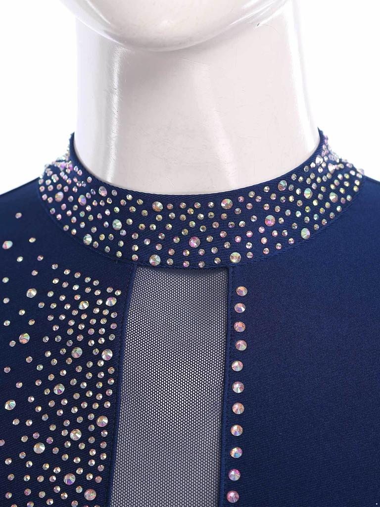 Ladies Glittery Rhinestones Gymnastics Bodysuit Sleeveless Back Hollow Out Design Bodycon Unitard Rompers Workout Jumpsuit