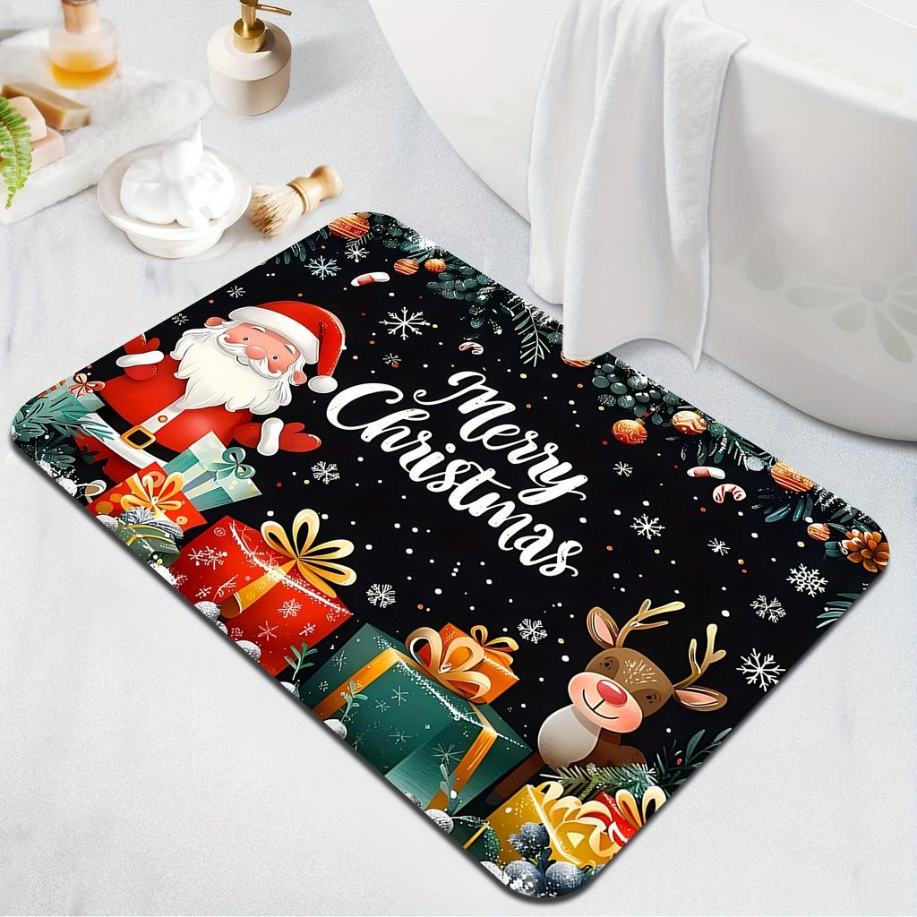 Merry Christmas Santa Reindeer Welcome Doormat,Flannel Anti-Slip Washable Fade-Resistant Rug for Indoor Outdoor Multi-Room Decor