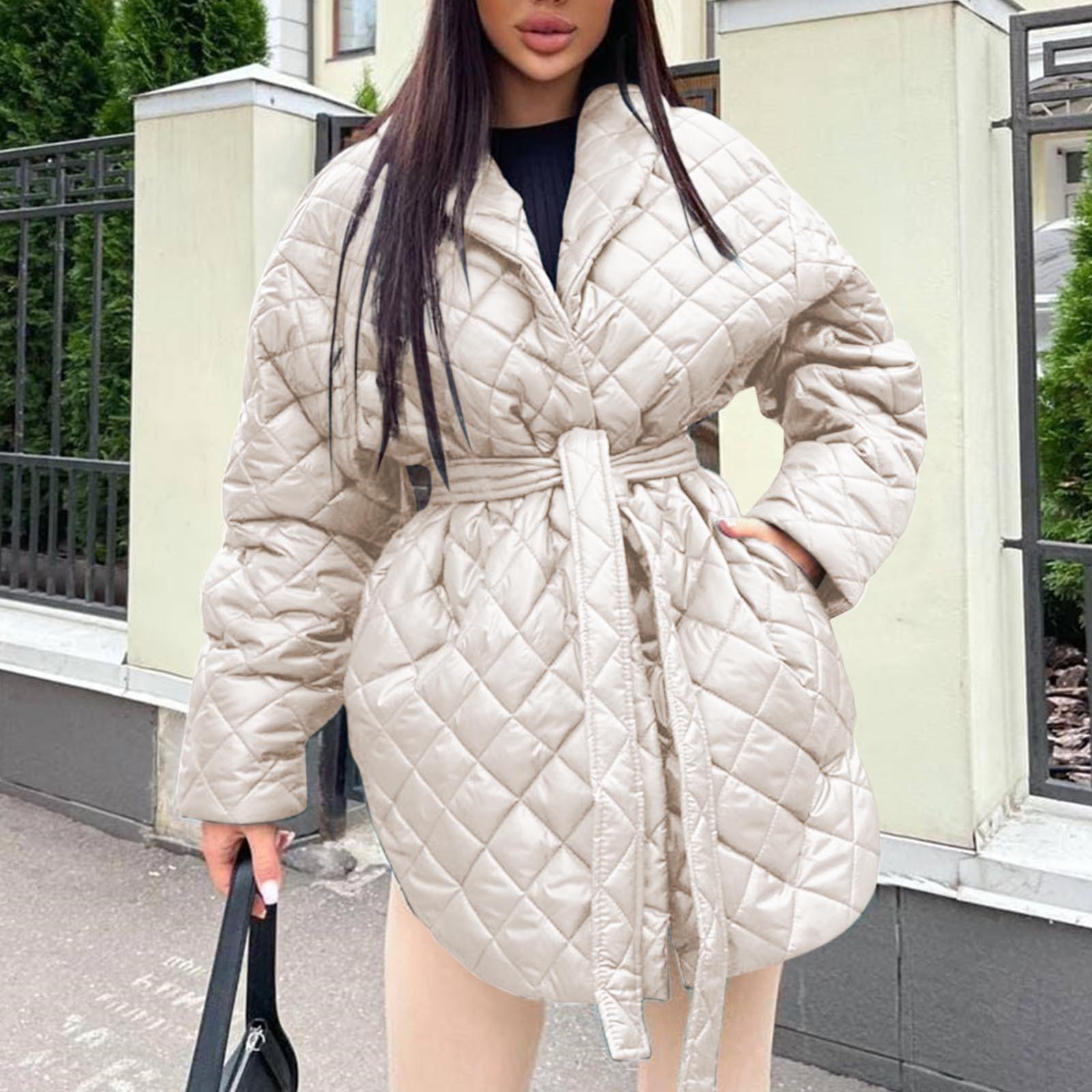 

Женская куртка с длинным рукавом, ромбовидной стежкой, однотонная, утолщенная, на пуговицах, хлопковая верхняя одежда M бежевый