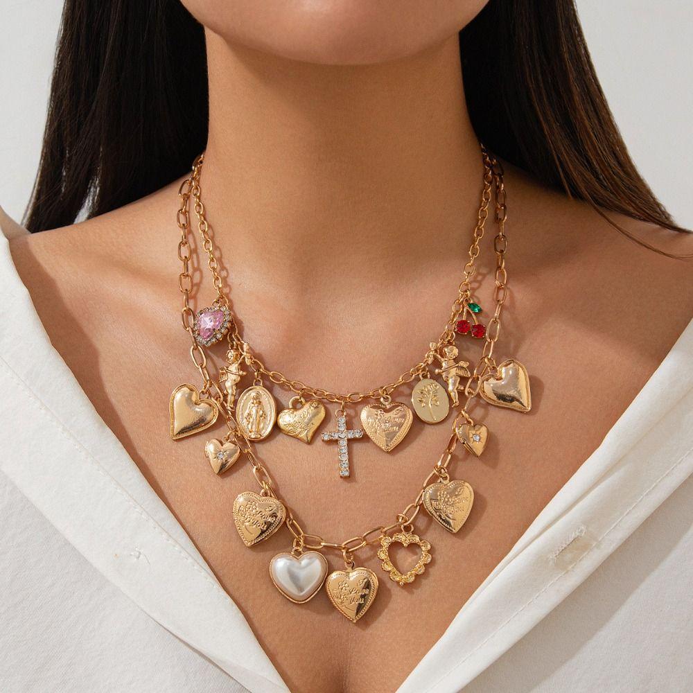 Vintage Style Heart Pendant Necklace Imitation Pearl Love Pendant Necklace  Party Wear