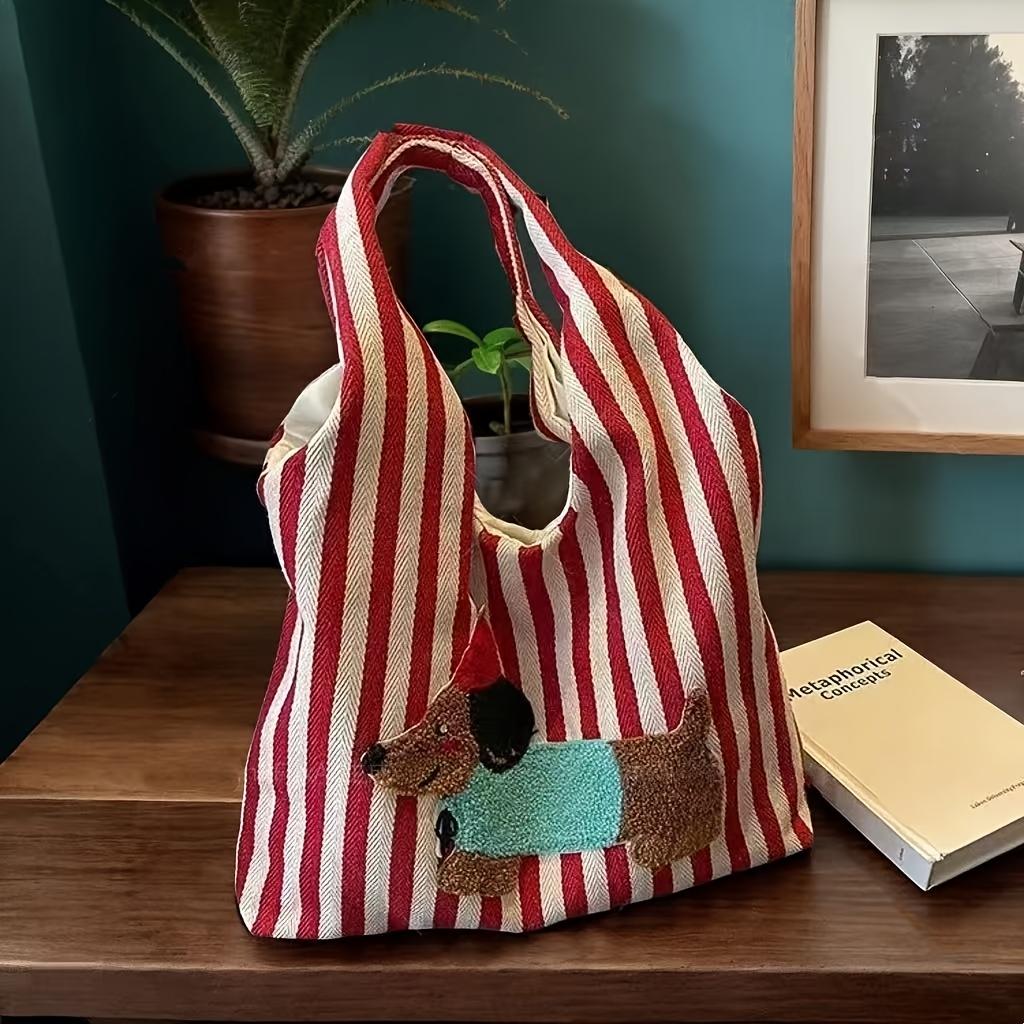 A Stylish and Casual Striped Tote Bag Featuring a Cute and Fun Dachshund Embroidery Pattern, Durable Bag Has a Nylon Lining, Suitable for Charming