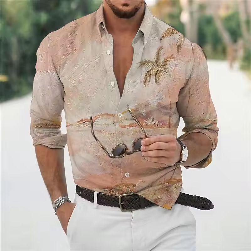 Summer Casual Hawaiian Floral Print Shirt Men's Long Sleeve Shirt 3D Print Lapel Shirt Men and Fashion Long Sleeve Shirt