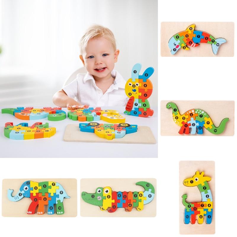 Holz 3D Tier Puzzle Spielzeug für Kleinkinder Elefant, Krokodil, Delfin, T-Rex, Giraffe