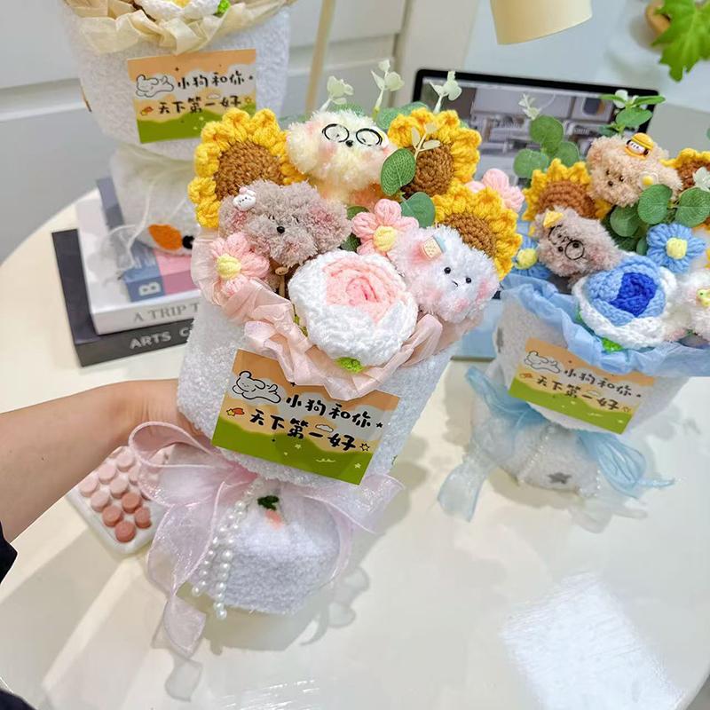 Hand Knitted Puff Flowers Artificial Woven Bouquets Crocheted Roses Sunflowers Valentine's Day Gifts Wedding Favors Home Decor