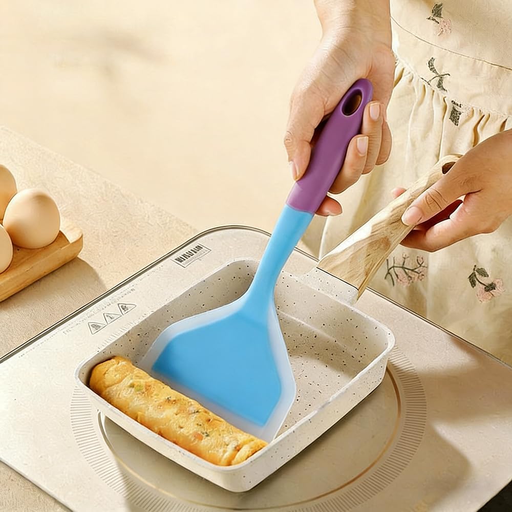 Omelette Spatula 10-Inch Silicone Pancakes Shovel Durable Heat-resistant Wide Spatula Turner Nonstick Fried Shovel for Brownies Fish Pancake Pizza синий