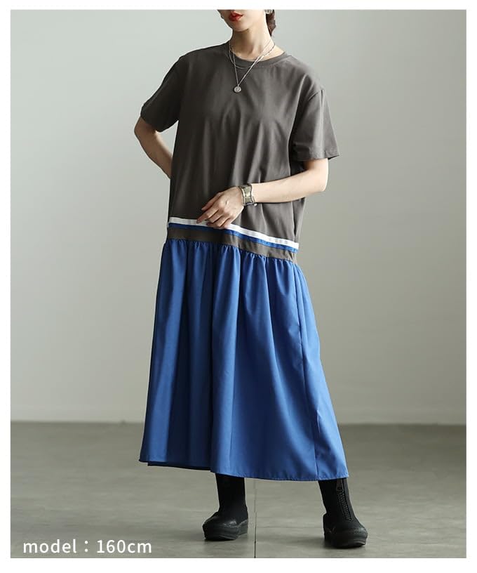 la Contrast Color Cotton Dress for Women Long Short Free Gray [sawa á mode] - Length, Sleeves, Figure-Flattering, Casual, Spring/Summer, Spring/Summer
