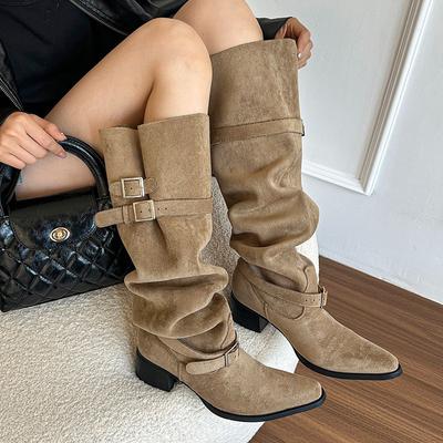 Women's Thick Heel But Knee Boots 2025 Autumn Belt Buckle Western Boots Fashion Large Size Boots